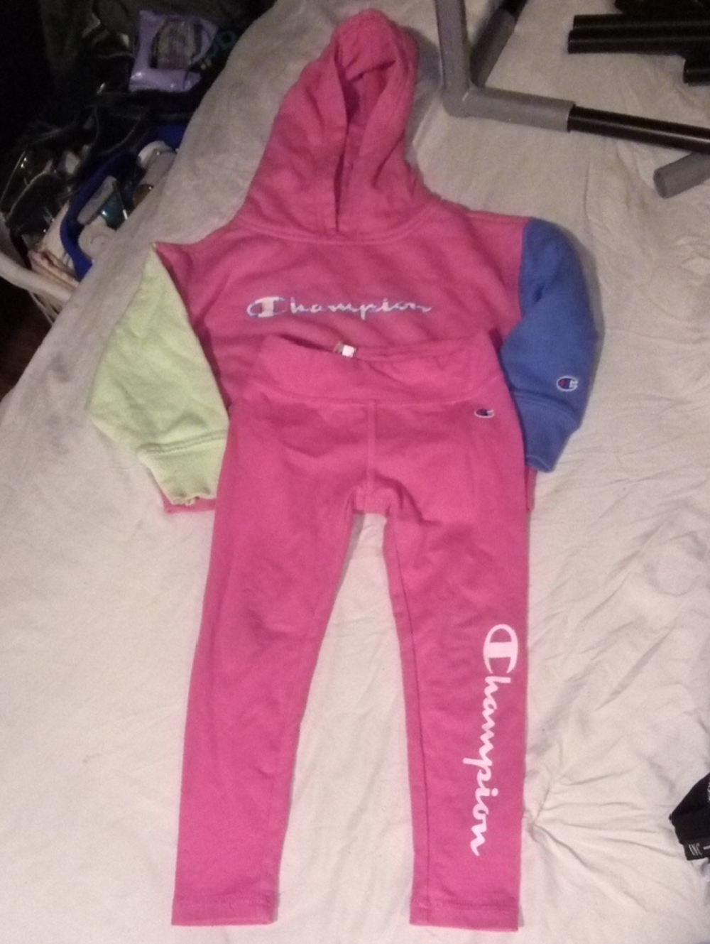 Champion Pink Colorblock Hoodie & Leggings Set with Blue and Lime Sleeves